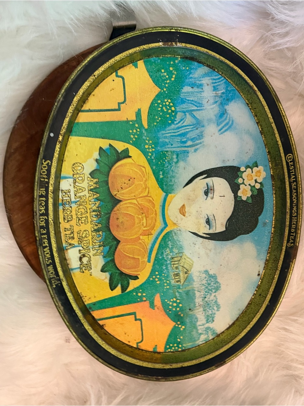 Vintage Celestial Mandarin Orange Spice Tea Decorative Tin - Blue and Yellow
